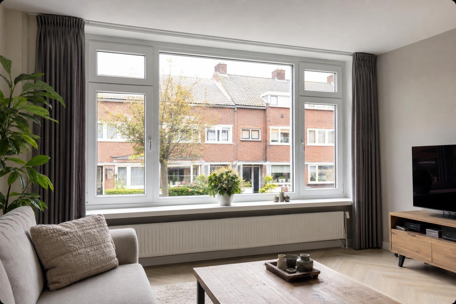 Bright living room with newly installed white kunststof kozijnen and clear glazing