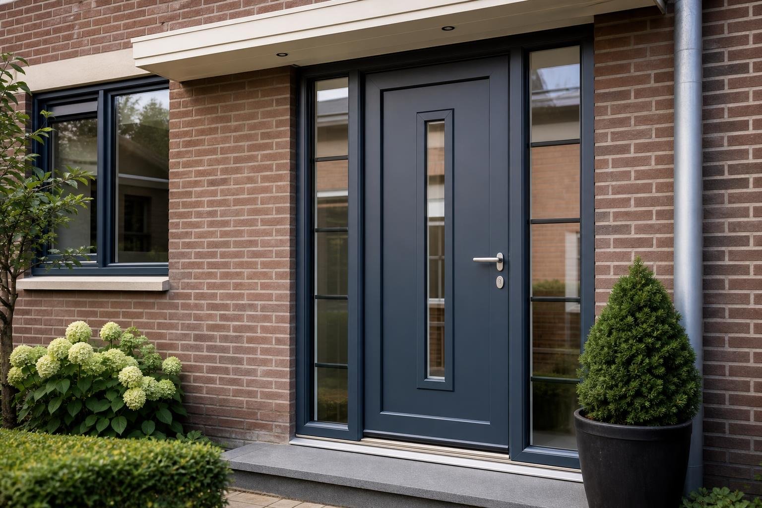 Modern kunststof voordeur with matching side panels and window frames in a brick facade