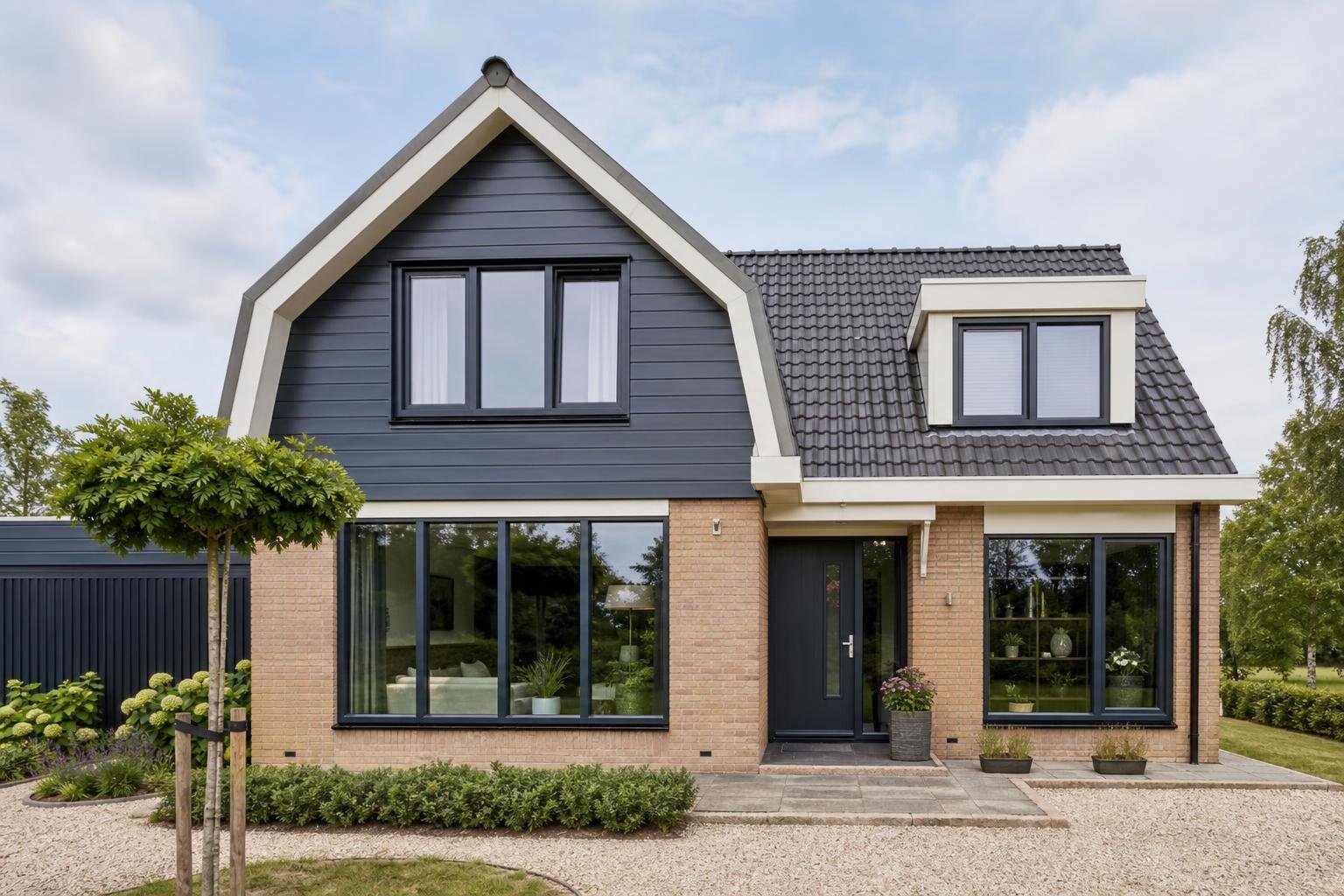 Dutch home facade renovation with kunststof kozijnen, exterior cladding, and large glazing sections